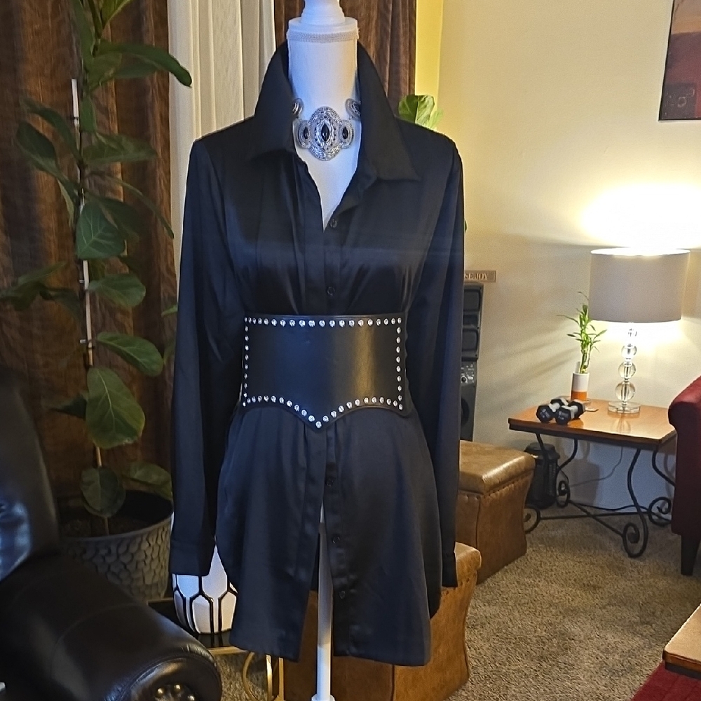 AKIRA Black Button Down Shirt with Studded Belt